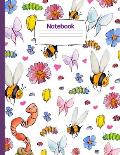 Garden Friends: 8.5 x 11 120 page Notebook for Kids with Honey Bees, Caterpillars, Worm, Ladybugs, Roly Polies, Butterflies, Flowers