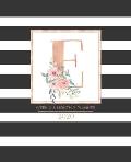 Weekly & Monthly Planner 2020 E: Black and White Stripes Rose Gold Monogram Letter E with Pink Flowers (7.5 x 9.25 in) Horizontal at a glance Personal
