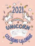 Unicorn Coloring 2021 Calendar: Unicorn Coloring book with 2021 Calendar for kids and adults; 12 Month page; monthly 2021 planner with note and 2021 g